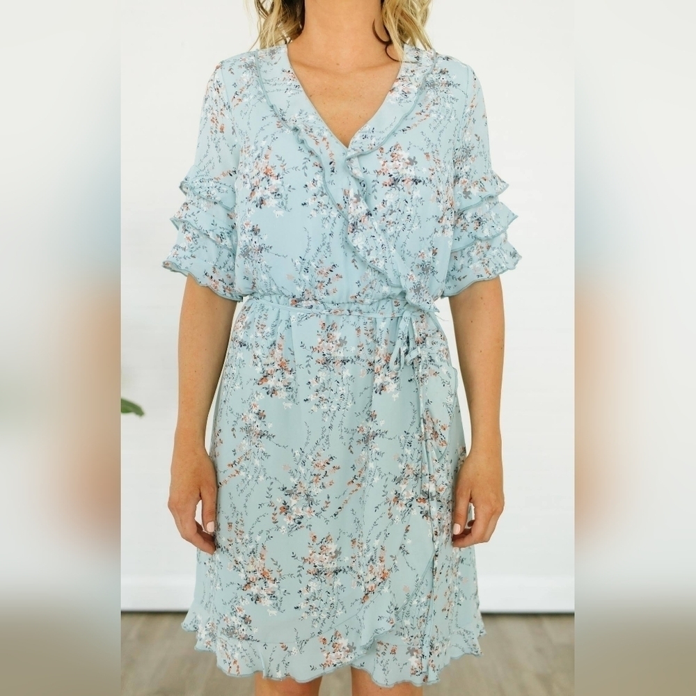 Black Tape Ditsy Floral Wrap Dress In Light Blue Size Medium